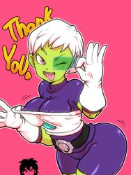 Rule 34 | 10s, 1girl, alien, armor, ass, bouncing breasts, breastplate, breasts, broly (dragon ball super), cheelai, colored skin, curvy, dragon ball, dragon ball super, female focus, gloves, green skin, large breasts, moaning, naughty face, nipples, no humans, pink background, rickert kai, short hair, simple background, very short hair, white hair