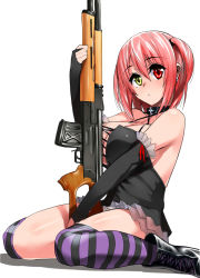 Rule 34 | 1girl, bare shoulders, between legs, black gloves, blue eyes, blush, boots, breasts, cleavage, cross, earrings, elbow gloves, fingerless gloves, gen (black factory), gloves, gun, heterochromia, huge breasts, jewelry, original, red eyes, red hair, rifle, short hair, simple background, sitting, sniper rifle, solo, striped clothes, striped thighhighs, thighhighs, two side up, wariza, weapon, white background, yellow eyes