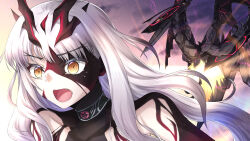 Rule 34 | 1girl, albion (fate), black skin, colored skin, crying, crying with eyes open, dragon, fate/grand order, fate (series), highres, horns, melusine (fate), momonjya, multicolored skin, open mouth, portrait, sharp teeth, tears, teeth, white hair, yellow eyes