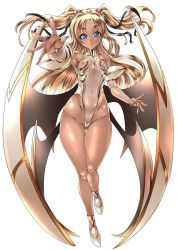 Rule 34 | 1girl, bare legs, bare shoulders, blonde hair, blue eyes, blush, breasts, cameltoe, curvy, dark-skinned female, dark skin, fake wings, female focus, floating hair, full body, futaba lili ramses, gloves, hair ribbon, highleg, highleg leotard, jumping, leotard, long hair, looking at viewer, magical girl, masachuusa, nipples, partially visible vulva, ribbon, shiny skin, simple background, small breasts, smile, solo, taimanin (series), tentacle and witches, thong leotard, twintails, very long hair, white background, wings