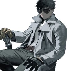 Rule 34 | 1boy, alchemy stars, belt, black gloves, black hair, brown gloves, closed mouth, coat, commentary request, glasses, gloves, jacket, long sleeves, looking at viewer, necktie, pants, pittman (alchemy stars), shishio (shishio5431), short hair, solo, spiked hair, sunglasses, white necktie