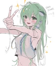 1girl arms_up blush breasts cropped_shirt frog_hair_ornament green_eyes green_hair hair_between_eyes hair_ornament highres kochiya_sanae long_hair medium_breasts navel parted_lips sesmkun shirt sideboob sleeveless sleeveless_shirt smile solo star_(symbol) sweat touhou v very_long_hair white_shirt