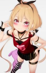 Rule 34 | 1girl, ahoge, bare shoulders, black choker, black hairband, black ribbon, black skirt, blonde hair, blush, choker, closed mouth, collarbone, commentary request, eyebrows hidden by hair, facial mark, futaba anzu, grey background, hair between eyes, hair ribbon, hairband, hand on own hip, hand up, heart, heart choker, highres, idolmaster, idolmaster cinderella girls, lace, lace-trimmed skirt, lace trim, long hair, low twintails, plaid, plaid skirt, ratsuku kinoko, red eyes, red tank top, ribbon, simple background, single thighhigh, skindentation, skirt, skull print, smile, solo, standing, striped clothes, striped thighhighs, stuffed animal, stuffed rabbit, stuffed toy, tank top, thigh strap, thighhighs, twintails, very long hair