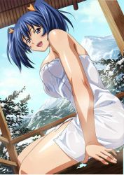 Rule 34 | 00s, 1girl, bashoku youjou, blue hair, breasts, female focus, hair ribbon, ikkitousen, large breasts, looking at viewer, naked towel, open mouth, purple eyes, ribbon, short twintails, sitting, smile, solo, towel, twintails, wet