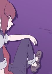 Rule 34 | 1girl, 2022, arc the lad iii, brown eyes, cheryl (arc the lad), closed mouth, denim, happy birthday, highres, jeans, pants, purple background, red hair, shoes, short hair, simple background, solo