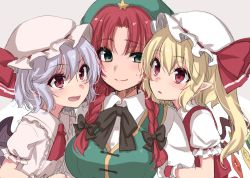 Rule 34 | 3girls, arm grab, asa (coco), blonde hair, blush, breasts, curious, flandre scarlet, girl sandwich, green eyes, hair ribbon, hat, hong meiling, large breasts, long hair, multiple girls, pointy ears, pushing away, pushing face, red eyes, red hair, remilia scarlet, ribbon, sandwiched, silver hair, sketch, smile, squinting, touhou, upper body, vampire