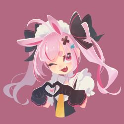 Rule 34 | 1girl, ahoge, animal ears, black bow, black gloves, black shirt, bow, commentary request, cropped torso, fang, gloves, hair bow, hair ornament, hands up, heart, heart hands, heart in heart hands, highres, hikimayu, indie virtual youtuber, long hair, looking at viewer, maid headdress, multiple hair bows, one eye closed, open mouth, pink background, pink eyes, pink hair, puffy short sleeves, puffy sleeves, rabbit ears, rabbit girl, shirt, short sleeves, simple background, smile, solo, tomari mari, twintails, ukata, upper body, virtual youtuber, white sleeves, x hair ornament