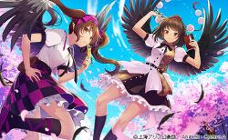 Rule 34 | 2girls, :o, belt, belt buckle, bird wings, black belt, black bow, black bowtie, black hair, black necktie, black skirt, black socks, black wings, blue sky, bow, bowtie, brown hair, buckle, buttons, cellphone, checkered clothes, checkered skirt, cherry blossoms, cibo (killy), closed mouth, cloud, collared shirt, commentary request, day, feathered wings, feet out of frame, flip phone, foot out of frame, frilled shirt collar, frilled skirt, frills, geta, hair bow, hand on own hip, hat, himekaidou hatate, holding, holding notebook, holding pen, holding phone, kneehighs, leg ribbon, long hair, medium skirt, miniskirt, multiple girls, necktie, notebook, official art, outdoors, parted lips, pen, petals, phone, pocket, pointy ears, pom pom (clothes), puffy short sleeves, puffy sleeves, purple bow, purple footwear, purple headwear, purple ribbon, purple skirt, red eyes, red headwear, ribbon, shameimaru aya, shirt, short hair, short sleeves, skirt, sky, smile, socks, spread wings, tengu-geta, tokin hat, touhou, touhou cannonball, tree, twintails, two-tone skirt, white shirt, wings, yellow eyes