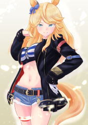 Rule 34 | 1girl, animal ears, bandeau, belt, black belt, black jacket, blonde hair, blue bow, blue eyes, bow, commentary request, cowboy shot, cutoffs, denim, denim shorts, gold city (umamusume), hair bow, highres, horse ears, jacket, long hair, long sleeves, looking at viewer, midriff, navel, open clothes, open jacket, reitowikan, shorts, smile, solo, standing, stomach, strapless, striped bandeau, tail, thigh strap, thighs, tube top, umamusume