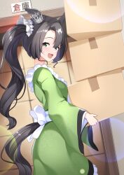 Rule 34 | 1girl, absurdres, alternate costume, blush, box, breasts, cardboard box, carrying, commentary request, green eyes, hair ornament, highres, horse girl, looking at viewer, maid, medium breasts, open mouth, satono crown (umamusume), side ponytail, solo, sunny (20597521), sweatdrop, umamusume, wa maid, warehouse