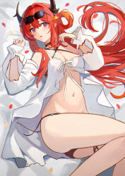 Rule 34 | arknights, ass, bare legs, blush, breasts, frilled sleeves, frills, from above, hair rings, halterneck, highres, horns, looking at viewer, lying, midriff, multico, navel, on back, red hair, solo, sunglasses, surtr (arknights), swimsuit
