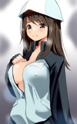 Rule 34 | 1girl, blaze (blazeillust), blue eyes, blush, breasts, brown hair, cleavage, closed mouth, covered erect nipples, girls und panzer, hat, highres, jacket, keizoku military uniform, large breasts, looking at viewer, mika (girls und panzer), military, military uniform, no bra, open clothes, shiny skin, solo, track jacket, uniform, upper body