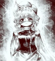 Rule 34 | 1girl, arms behind back, blush, closed mouth, dress, female focus, hat, letty whiterock, long sleeves, looking at viewer, monochrome, nose blush, smile, snowflakes, solo, teardrop, tears, touhou, vu (oyavon), vu (oyavun)