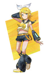 Rule 34 | 1girl, absurdres, arm behind back, bare shoulders, belt, belt buckle, black leg warmers, black sailor collar, black sleeves, blonde hair, blue eyes, bow, buckle, detached sleeves, flat chest, hair bow, hair ornament, hairclip, hand on own head, headphones, headset, highres, kagamine rin, leg warmers, looking at viewer, midriff, mirlo2hu, navel, neckerchief, sailor collar, sailor shirt, shirt, shoes, short hair, shorts, skinny, sleeveless, sleeveless shirt, smile, sneakers, solo, swept bangs, treble clef, vocaloid, walking, white bow, white footwear, yellow belt, yellow neckerchief