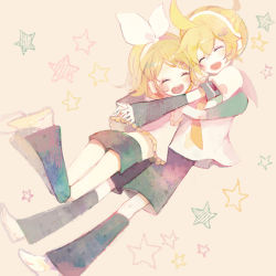 Rule 34 | 1boy, 1girl, bad id, bad pixiv id, blonde hair, brother and sister, chibi, detached sleeves, hair ornament, hairclip, hetero, hug, kagamine len, kagamine rin, necktie, pechika, ribbon, short hair, shorts, siblings, smile, twins, vocaloid, yellow necktie