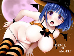 Rule 34 | 1girl, bat wings, blue hair, blush, bob cut, breasts, camisole, camisole lift, clothes lift, commentary request, english text, full moon, halloween, hat, jack-o&#039;-lantern, kaitou tenshi twin angel, kannazuki aoi, kozue akari, large breasts, leaning forward, long hair, looking at viewer, moon, navel, nipples, open mouth, panties, panty pull, purple eyes, solo, striped clothes, striped thighhighs, thighhighs, twin angel, underwear, wings, witch hat, wristband