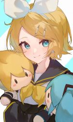 Rule 34 | 1girl, blonde hair, blue eyes, blue hair, blush, bow hairband, character doll, closed mouth, detached sleeves, diamond-shaped pupils, diamond (shape), doll, hair ornament, hairband, hairclip, hatsune miku, headphones, highres, holding, holding doll, kagamine len, kagamine rin, long hair, long sleeves, looking at viewer, microphone, neckerchief, number tattoo, ribbon, sailor collar, shirt, short hair, simple background, sleeveless, sleeveless shirt, smile, solo, standing, symbol-shaped pupils, tattoo, toramata4, twintails, vocaloid, white background, white hairband, white ribbon, white shirt, wide sleeves, yellow neckerchief