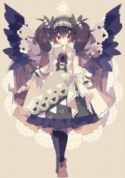 Rule 34 | 1girl, adapted costume, asymmetrical footwear, black hair, black legwear, black wings, blouse, blush, bow, brown footwear, cape, commentary, control rod, feathered wings, frills, full body, green bow, green hairband, green skirt, hair bow, hairband, highres, long hair, looking at viewer, mismatched footwear, nikorashi-ka, red eyes, reiuji utsuho, shirt, skirt, sleeves past fingers, sleeves past wrists, solo, sun, touhou, twintails, white bow, white shirt, wings