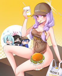 Rule 34 | 4girls, apron, atsuko (blue archive), bare arms, bare shoulders, baseball cap, black hair, blue archive, blue hair, braid, breasts, burger, chibi, cleavage, commentary request, cup, disposable cup, food, grey apron, grey headwear, hand up, hat, highres, hiyori (blue archive), holding, holding cup, long hair, mask, medium breasts, misaki (blue archive), mouth mask, multiple girls, purple hair, red eyes, rustysalmon, saori (blue archive), twin braids, yellow background