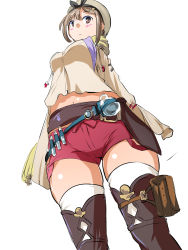 Rule 34 | 1girl, arms behind back, atelier (series), atelier ryza, atelier ryza 1, belt, black footwear, black ribbon, blue belt, blush, boots, bridal legwear, brown belt, brown eyes, commentary, dutch angle, flask, hair ornament, hair ribbon, hairclip, highres, leather belt, light brown hair, long sleeves, midriff, navel, pouch, red shorts, reisalin stout, ribbon, round-bottom flask, shirt, short hair, short shorts, shorts, skindentation, solo, thigh boots, thighhighs, thighs, toraneko555, vial, white shirt, white thighhighs