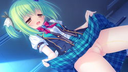 Rule 34 | 1girl, black ribbon, blue skirt, blush, butterfly hair ornament, censored, charlles faltesia, clothes lift, frilled sleeves, frills, game cg, gluteal fold, green hair, hair ornament, hair ribbon, juliet sleeves, lifting own clothes, long sleeves, magicalic sky high, mikagami mamizu, mosaic censoring, open mouth, pee, peeing, plaid, plaid skirt, pointy ears, puffy sleeves, pussy, red ribbon, ribbon, school uniform, short sleeves, skirt, skirt lift, solo, twintails, unbuttoned, waistcoat, wavy mouth, yellow eyes