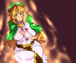 Rule 34 | 00s, 1girl, belt, beret, blonde hair, breasts, capelet, cleavage, cleavage cutout, clothing cutout, hand on own face, hat, large breasts, long hair, long sleeves, ma (pixiv1936865), mahou senshi louie, melissa, purple eyes, wide hips