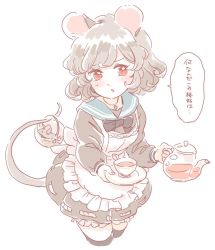 Rule 34 | &gt;:o, 1girl, :o, alternate costume, animal ears, apron, basket, blush, cowboy shot, cup, enmaided, female focus, grey hair, jewelry, maid, mitsumoto jouji, mouse (animal), mouse ears, mouse tail, nazrin, open mouth, pendant, red eyes, ribbon, saucer, short hair, solo, sweatdrop, tail, teacup, teapot, thighhighs, touhou, v-shaped eyebrows, white background