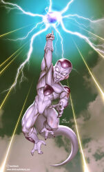 Rule 34 | 1boy, alien, arm up, bald, black nails, cloud, crazy eyes, death ball (technique), dragon ball, dragonball z, electricity, energy ball, frieza, full body, green sky, grin, highres, in-hyuk lee, index finger raised, male focus, midair, muscular, muscular male, namek, pectorals, smile, tail, teeth, veins