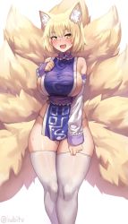 Rule 34 | 1boy, 1girl, :d, animal ear fluff, animal ears, ass, blonde hair, blush, breasts, clothing aside, collarbone, detached sleeves, fang, fox ears, fox girl, fox tail, hetero, highres, huge breasts, iwbitu, long sleeves, looking at viewer, multiple tails, naked tabard, open mouth, panties, short hair, simple background, smile, sweat, tabard, tail, thighhighs, touhou, underwear, white background, white panties, white thighhighs, wide hips, yakumo ran