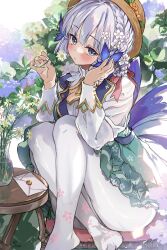 Rule 34 | 1girl, ayaka (genshin impact), blue dress, blue eyes, blue hair, blunt bangs, blush, braid, braided hair rings, brown headwear, butterfly hair ornament, closed mouth, detached collar, dress, flower, genshin impact, hair flower, hair ornament, hair ribbon, hair rings, hat leaf, highres, holding, holding flower, kamisato ayaka, kamisato ayaka (springbloom missive), knees to chest, letter, light blue hair, long sleeves, looking at viewer, mole, mole under eye, multicolored clothes, multicolored dress, no shoes, official alternate costume, official alternate hairstyle, on chair, pantyhose, ribbon, saya (mychristian2), short hair, sitting, solo, tress ribbon, vase, white dress, white flower, white pantyhose