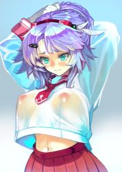 Rule 34 | 1girl, absurdres, aqua eyes, arms up, blush, breasts, character request, commentary request, copyright request, covered erect nipples, gloves, gradient background, highres, large breasts, long sleeves, midriff, navel, necktie, nipples, ponytail, puribate (helgoland), purple hair, red necktie, red skirt, sailor collar, sailor shirt, see-through, shirt, skirt, solo, white gloves