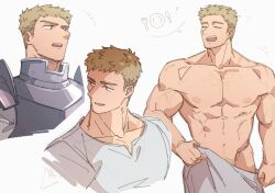 Rule 34 | 1boy, armor, artist name, bara, blonde hair, brown eyes, closed eyes, commentary, cropped torso, dungeon meshi, english commentary, highres, laios touden, looking to the side, male focus, multiple views, muscular, muscular male, naked towel, nipples, open mouth, pubic hair, satodee, scar, scar on arm, short hair, signature, simple background, sparse chest hair, spoken object, towel, towel around waist, undercut, upper body, very short hair, white background, white hair