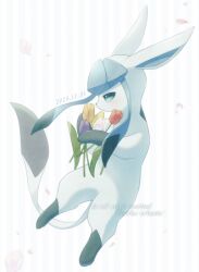 Rule 34 | alopias, commentary request, creatures (company), dated, falling petals, flower, full body, game freak, gen 4 pokemon, glaceon, green eyes, holding, holding flower, nintendo, no humans, petals, pokemon, pokemon (creature), purple flower, purple tulip, simple background, solo, tulip, white background, yellow flower