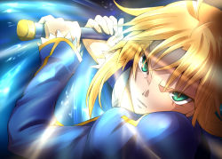 Rule 34 | 1girl, action, ahoge, armor, artoria pendragon (all), artoria pendragon (fate), bad id, bad pixiv id, blonde hair, charging, dress, excalibur (fate/stay night), fate/zero, fate (series), green eyes, long hair, looking at viewer, pokimari, portrait, saber (fate), solo, weapon