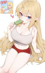 Rule 34 | 1girl, absurdres, arm support, artist progress, breasts, camisole, cleavage, dolphin shorts, double-parted bangs, earrings, food, from above, hair between eyes, heart, heart earrings, highres, holding, holding food, holding popsicle, jewelry, large breasts, looking at viewer, midriff, mochirong, mole, mole on breast, navel, original, pointy ears, popsicle, red shorts, redrawn, shorts, simple background, sitting, skindentation, solo, spaghetti strap, stomach, thighs, tongue, tongue out, white background, white camisole