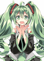 Rule 34 | 00s, 1girl, :d, akeboshi kagayo, aqua eyes, aqua hair, curly hair, green eyes, green hair, hatsune miku, long hair, looking at viewer, matching hair/eyes, necktie, open mouth, own hands together, smile, solo, twintails, upper body, vocaloid