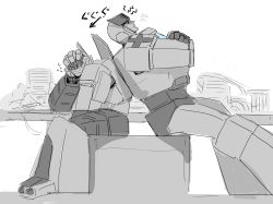 Rule 34 | 1980s (style), 2boys, artist request, autobot, bad id, bad pixiv id, full body, greyscale, highres, machine, machinery, mecha, monochrome, multiple boys, no humans, oldschool, personification, ratchet (transformers), retro artstyle, robot, sitting, transformers, wheeljack