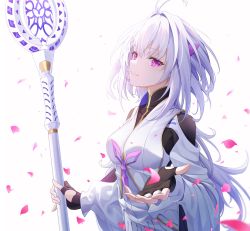 Rule 34 | 1girl, absurdres, ahoge, black gloves, breasts, commentary request, fate/grand order, fate/prototype, fate (series), fingerless gloves, gloves, hand up, highres, holding, holding staff, long hair, long sleeves, looking at viewer, looking to the side, medium breasts, merlin (fate/prototype), merlin (fate/prototype) (second ascension), outstretched hand, parted lips, petals, purple eyes, robe, sideways glance, silver hair, smile, solo, staff, standing, star-ring, upper body, white background, white robe, wide sleeves