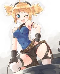 Rule 34 | 10s, 1girl, ;d, bare shoulders, belt, black gloves, blonde hair, blue eyes, blush, covered navel, fang, fingerless gloves, gloves, goggles, goggles on head, granblue fantasy, looking at viewer, naka akira, one eye closed, open mouth, pengie, short hair, short shorts, short twintails, shorts, smile, solo, twintails