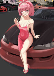 Rule 34 | 1girl, aciverious tippoline, ahoge, blush, bow, breasts, cleavage, dress, gala dress, hair ornament, hair ribbon, high heels, highres, hip vent, indie virtual youtuber, looking at viewer, nissan s15 silvia, nissan silvia, non-web source, pink eyes, pink hair, pinku berry, ribbon, sideless outfit, sitting, sitting on object, small breasts, smile, solo, virtual youtuber
