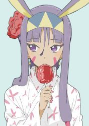 Rule 34 | 1girl, absurdres, animal ears, bad id, bad twitter id, blue background, candy apple, dark-skinned female, dark skin, donguri suzume, earrings, facial mark, fate (series), flower, food, hair flower, hair ornament, hairband, highres, japanese clothes, jewelry, kimono, long hair, looking to the side, nitocris (fate), purple eyes, purple hair, rabbit ears, solo, tongue, tongue out