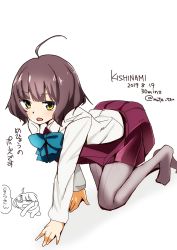 Rule 34 | 1girl, ahoge, all fours, bad id, bad twitter id, blue bow, blue bowtie, blunt bangs, bow, bowtie, brown hair, commentary request, dress, highres, kantai collection, kishinami (kancolle), long sleeves, looking at viewer, matetsu (nakayoshi sanfujinka), one-hour drawing challenge, pantyhose, pleated dress, purple dress, purple pantyhose, school uniform, seamed legwear, shirt, short hair, side-seamed legwear, simple background, solo, wavy hair, white background, white shirt, yellow eyes