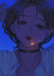 Rule 34 | 1girl, blue background, blue theme, brown eyes, brown hair, choker, cigarette, collarbone, collared shirt, dark, doloyume, dripping, empty eyes, eyelashes, female focus, hands up, highres, lipstick, looking at viewer, makeup, mole, mole under eye, mouth hold, original, portrait, red lips, shirt, short hair, simple background, smoke, smoking, solo, white shirt
