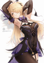 Rule 34 | 1girl, arm behind head, armpits, arms up, asymmetrical legwear, black pantyhose, black ribbon, blonde hair, blush, bow, bowtie, breasts, bridal gauntlets, brown pantyhose, brown sleeves, brown thighhighs, chinese commentary, commentary request, cowboy shot, dress, english text, eyepatch, unworn eyepatch, fischl (genshin impact), garter straps, genshin impact, green eyes, hair over one eye, hair ribbon, highres, l ract, leaning back, long hair, looking at viewer, medium breasts, pantyhose, parted lips, purple bow, purple bowtie, purple dress, ribbon, single leg pantyhose, single thighhigh, solo, thighhighs, two side up, uneven legwear, very long hair, white background