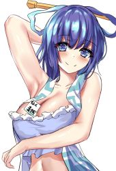 Rule 34 | 1girl, between breasts, blue eyes, blue hair, blush, breasts, cleavage, collarbone, dress, hair between eyes, hair ornament, hair rings, hair stick, kaeranu kaeru, kaku seiga, large breasts, long hair, looking at viewer, navel, one-hour drawing challenge, simple background, smile, solo, touhou, upper body, white background