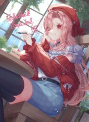 Rule 34 | 1girl, absurdres, belt, beret, black belt, black thighhighs, blue skirt, blush, cake, chair, commission, food, fork, frilled shirt, frills, hand on own cheek, hand on own face, hat, highres, holding, holding fork, indie virtual youtuber, indoors, looking down, nini yuuna, nini yuuna (5th costume), off-shoulder shirt, off shoulder, official alternate costume, plaid, plaid skirt, red eyes, red hat, red ribbon, ribbon, second-party source, shirt, sitting, skeb commission, skirt, smile, solo, strawberry shortcake, thighhighs, toku kekakewanko, virtual youtuber, white shirt, window