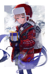 Rule 34 | 1boy, backpack, bag, black gloves, black shorts, braid, captain nemo (fate), coat, fate/grand order, fate (series), fomnant, fur hat, gift, gloves, gradient hair, half-closed eyes, hat, highres, holding, holding gift, long hair, male focus, multicolored hair, nemo (fate), nemo (santa) (fate), red coat, shorts, signature, snow, twin braids, ushanka