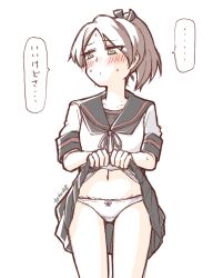 Rule 34 | ..., 1girl, black sailor collar, black skirt, brown eyes, brown hair, clothes lift, commentary request, cowboy shot, crotch seam, highres, kantai collection, panties, pleated skirt, ponytail, sailor collar, shikinami (kancolle), shikinami kai ni (kancolle), short hair, simple background, skirt, skirt lift, solo, spoken ellipsis, tatahai, translation request, underwear, white background, white panties