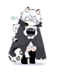 Rule 34 | 1boy, 1other, animal ear fluff, animal ears, animal on arm, arknights, black coat, black pants, chibi, closed eyes, coat, commentary request, dated, doctor (arknights), full body, fur-trimmed coat, fur trim, grey hair, happy birthday, hug, leopard, leopard boy, leopard costume, leopard ears, leopard tail, mask, pants, pawpads, shadow, silverash (arknights), simple background, soppos, tail, white background