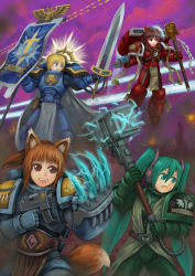 Rule 34 | .75 calibre bolt, 4girls, :d, adeptus astartes, alternate costume, animal ears, anti-materiel cartridge, armor, artoria pendragon (all), artoria pendragon (fate), black hair, blonde hair, blood angels, bolt (warhammer 40k), bolter, bow, brown eyes, brown hair, claws, crossover, dark angels, fangs, fate/stay night, fate (series), green eyes, green hair, hakurei reimu, hammer, hatsune miku, headset, heresy, high-explosive cartridge, holo, kensaint, multiple crossover, multiple girls, open mouth, ponytail, power armor, red eyes, rocket-assisted projectile, saber (fate), smile, space wolves, spice and wolf, standard bearer, sword, tail, touhou, twintails, ultramarines, vocaloid, warhammer 40k, weapon, window magazine, wolf ears, wolf tail
